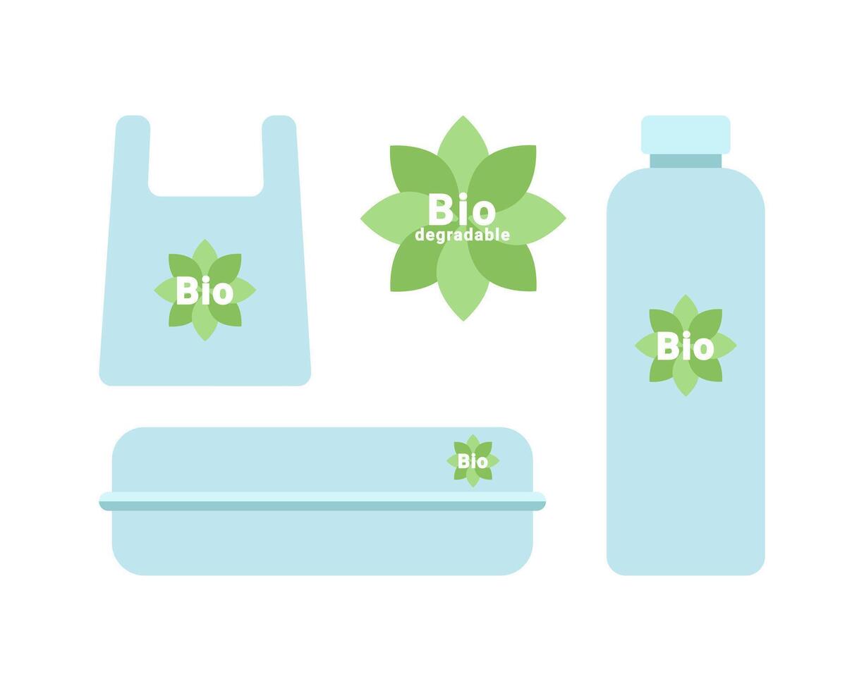 Eco friendly biodegradable packaging set. Box, bottle, package, shopping bag, sustainable biodegradable containers for delivery, takeaway food, gift. Flat illustration isolated on white backgr vector