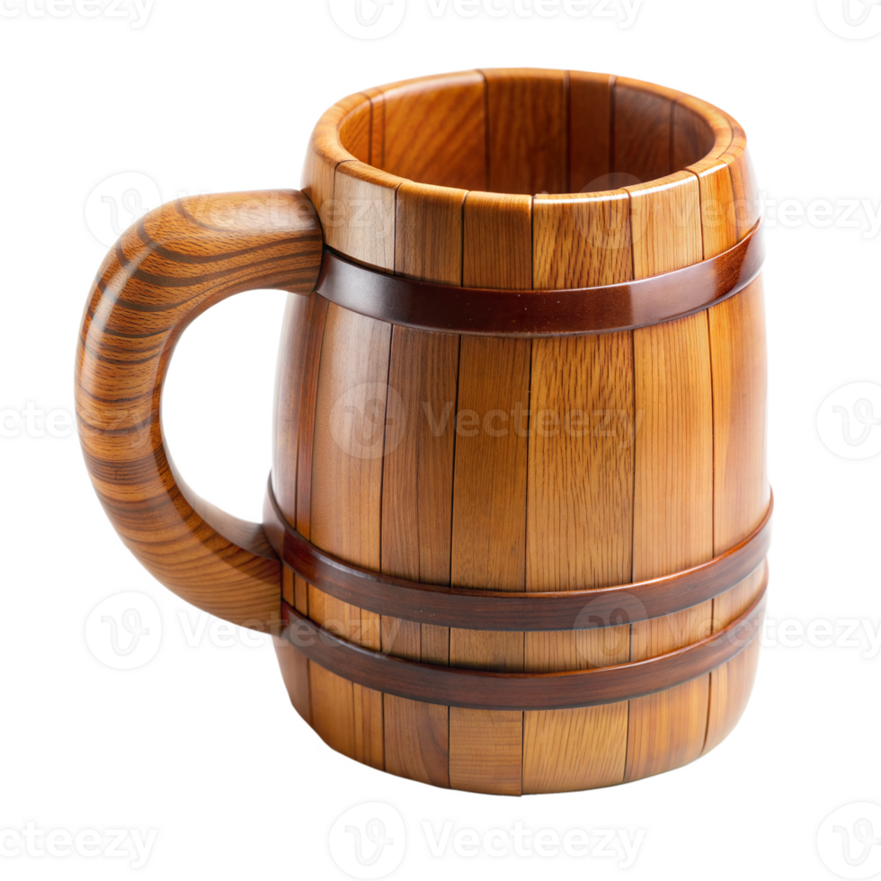 A Detailed Closeup of a Wooden isolated on transparent background BarrelShaped Beer Mug with a Curved Handle png
