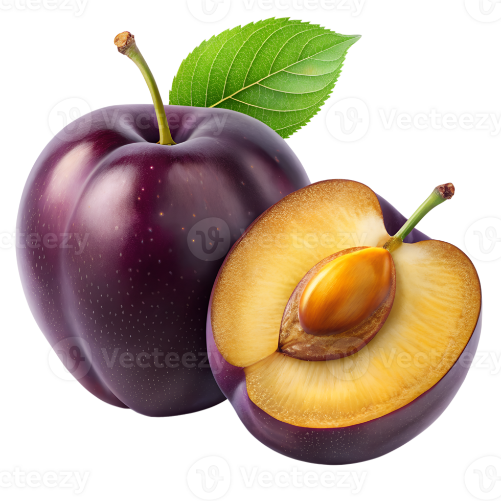 A vibrant image showcasing a whole plum and a halved plum revealing its juicy yellow flesh and brown pit png