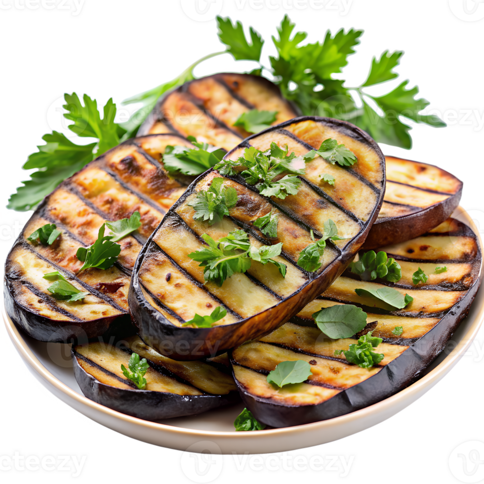 Delicious Grilled Eggplant Slices with Fresh Parsley Garnish A Healthy and Flavorful Mediterranean Dish png