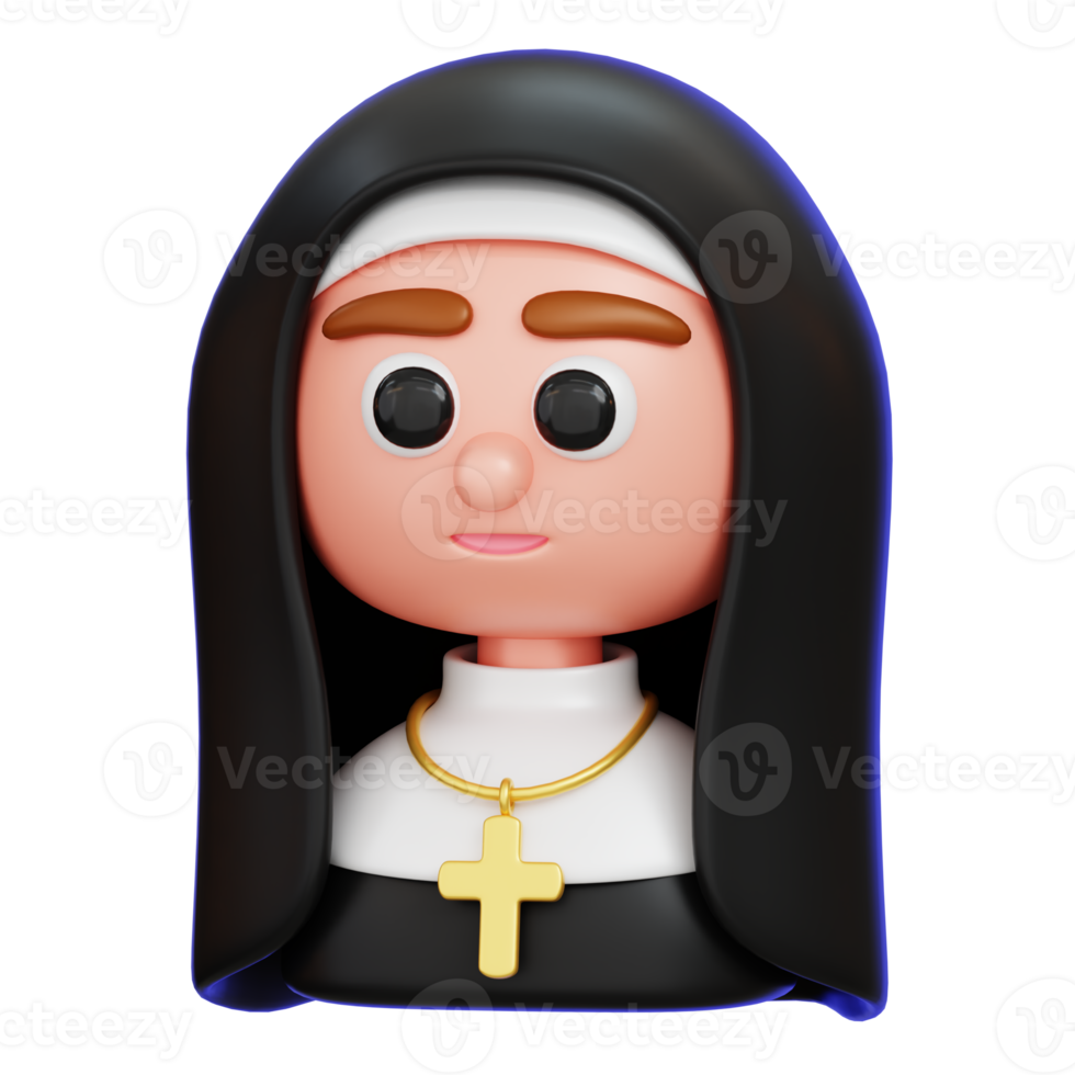 Nun cartoon character isolated. 3D render illustration png