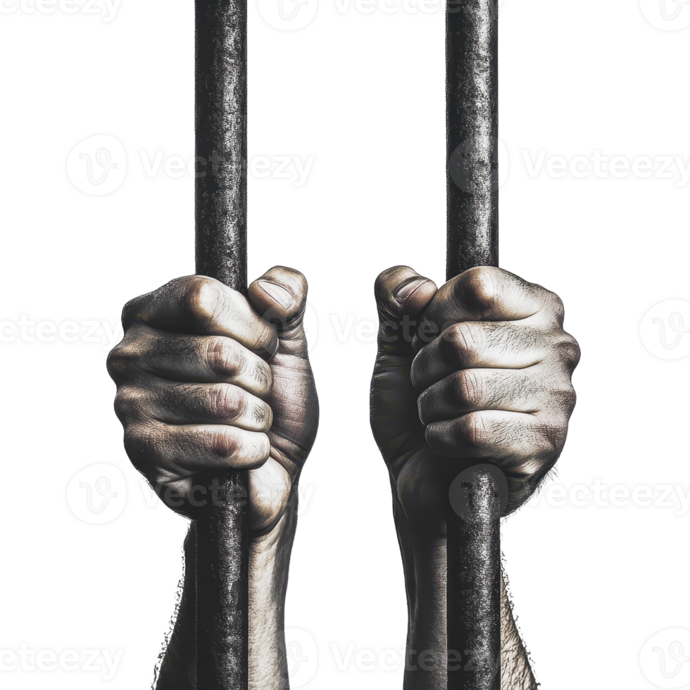 Desperate hands grasping metal bars a powerful image of confinement A stark representation of imprisonment struggle and a yearning for freedom png