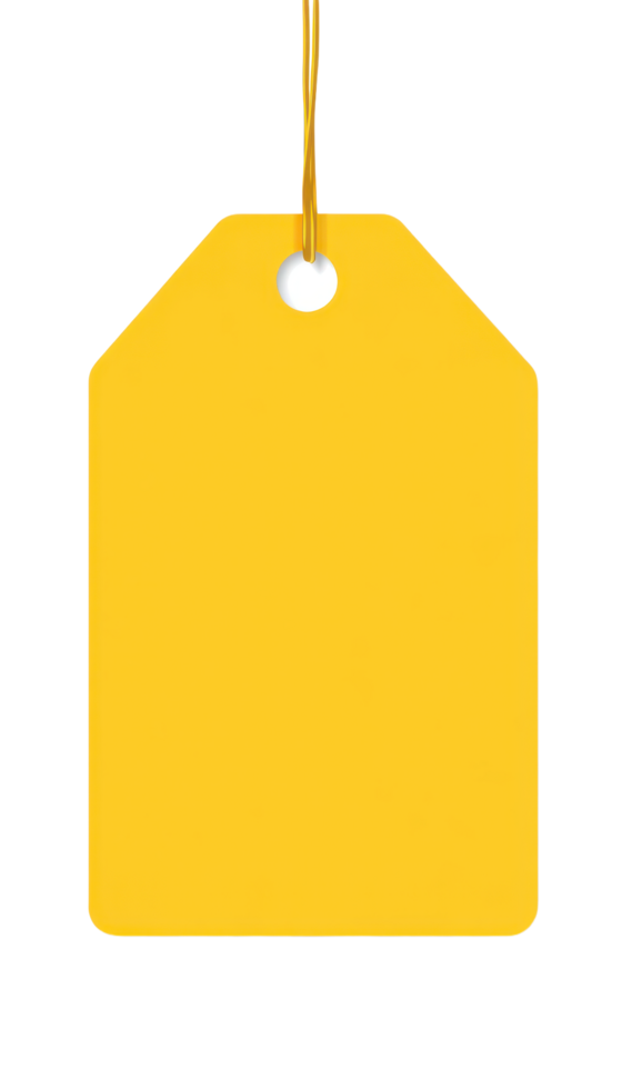 A blank yellow tag hangs against a ready for pricing or labeling information to be added Isolated on transparent background png