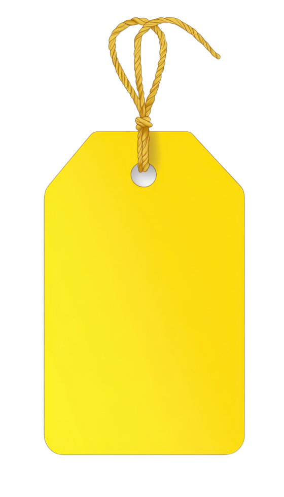 Bright yellow tag with string isolated on Perfect for labels pricing or identifying items Simple clear design on transparent background png
