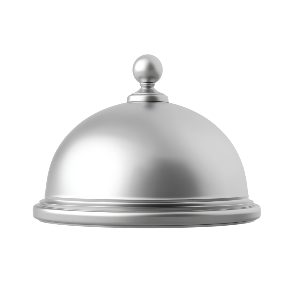 A sleek silver-colored serving cloche with a rounded dome and a small spherical handle on top isolated on a food protection png