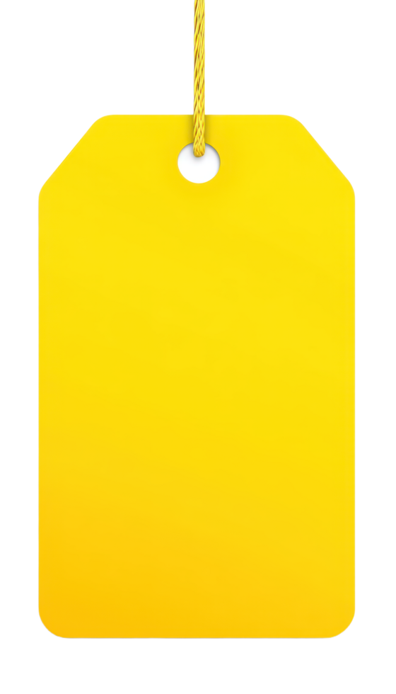 A minimalist yellow tag suspended by a string isolated against a backdrop Ideal for pricing or branding concepts Simple clean and bright png