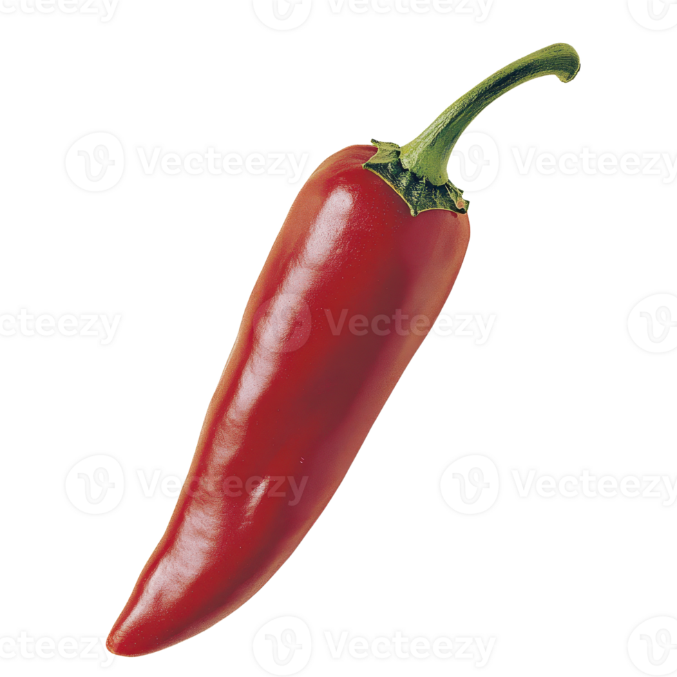 A vibrant red chili pepper stands out against a showcasing its glossy texture and fresh green stem Perfect ingredient png