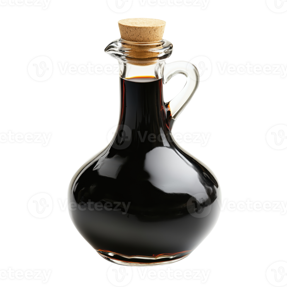 Dark liquid in a clear glass carafe sealed with a cork stopper Kitchen condiment for cooking png