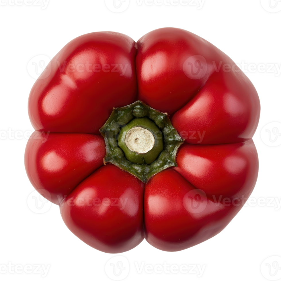 Eye-level symmetrical shot of a vibrant red bell pepper with a green stem set against a stark for maximum color contrast png