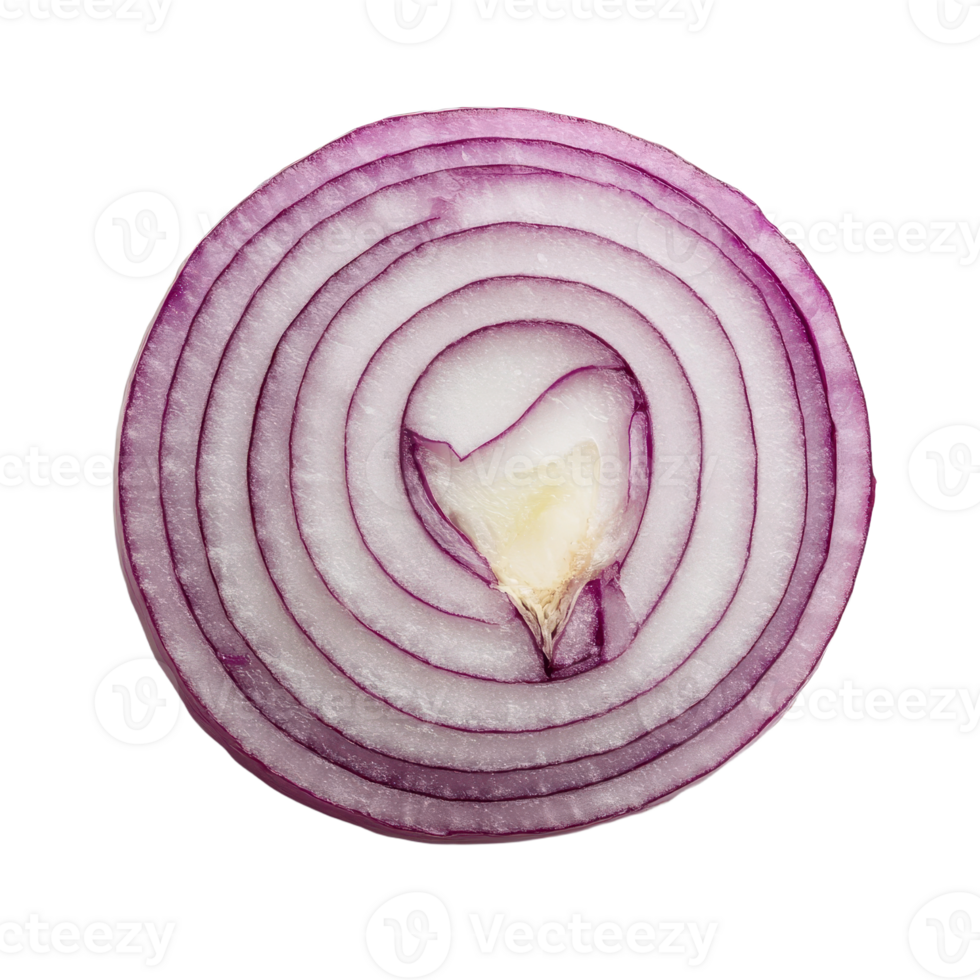A vibrant red onion slice displays its concentric rings on a The patterns of the rings make it interesting and unique png
