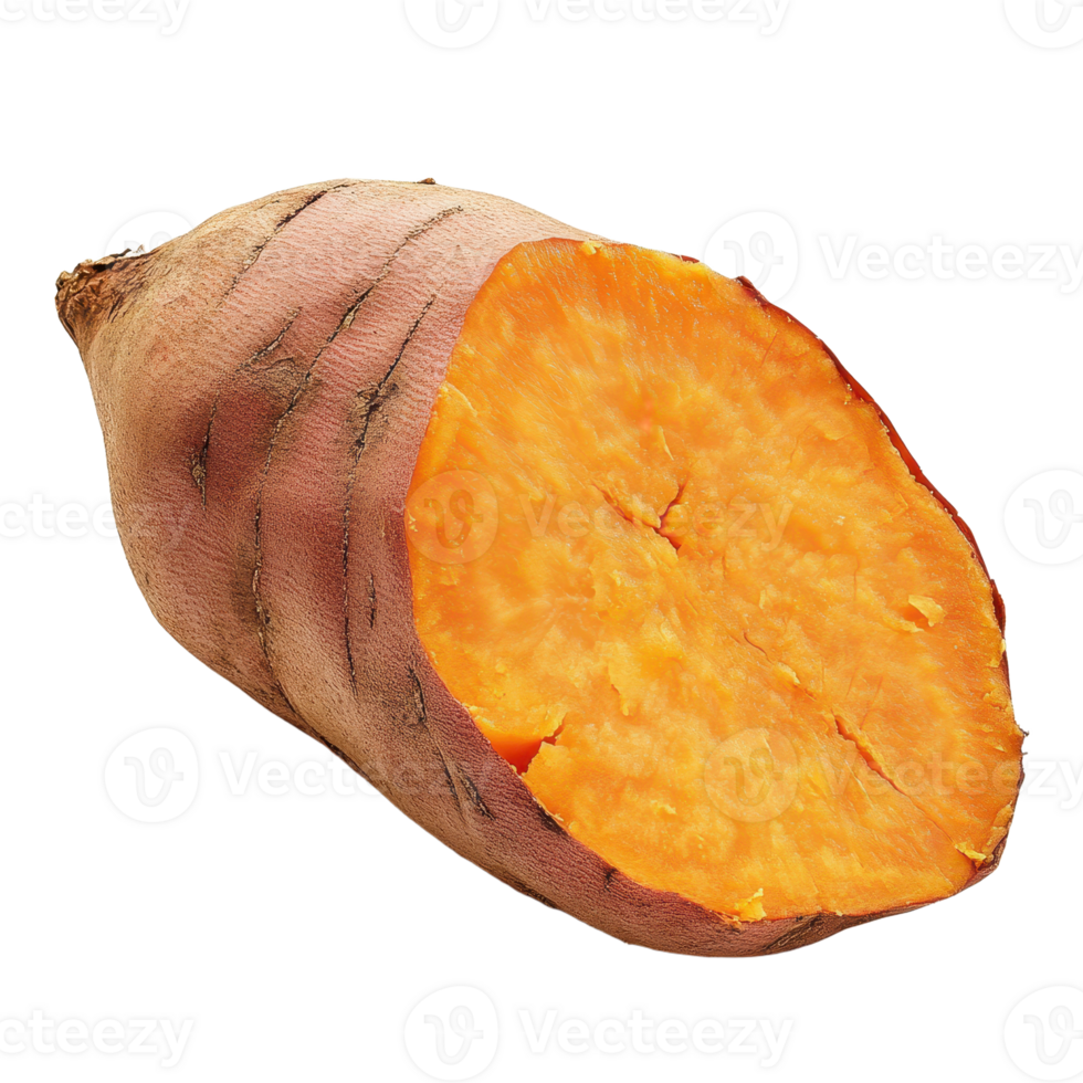Vibrant sweet potato cut open revealing its bright orange flesh against a transparent background A healthy and delicious ingredient png