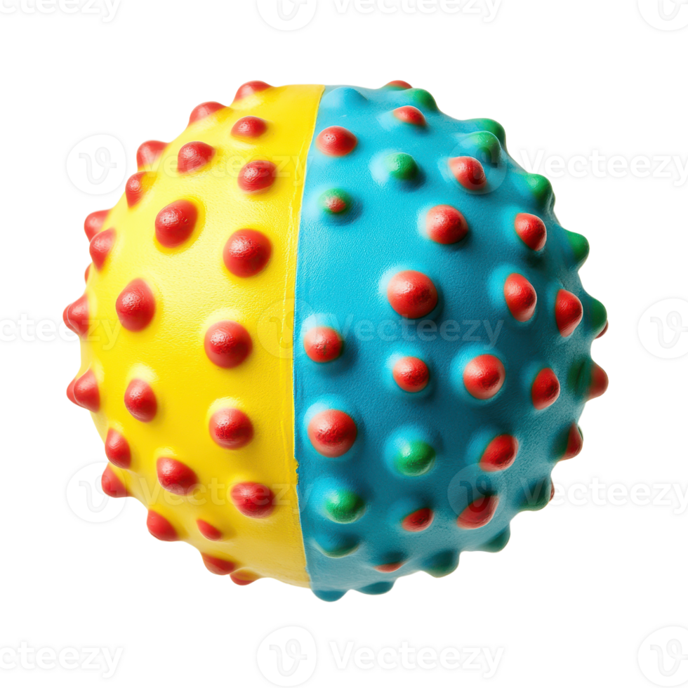 Textured playful ball A yellow and blue color spiky massage ball with red dots and isolated on transparent background png