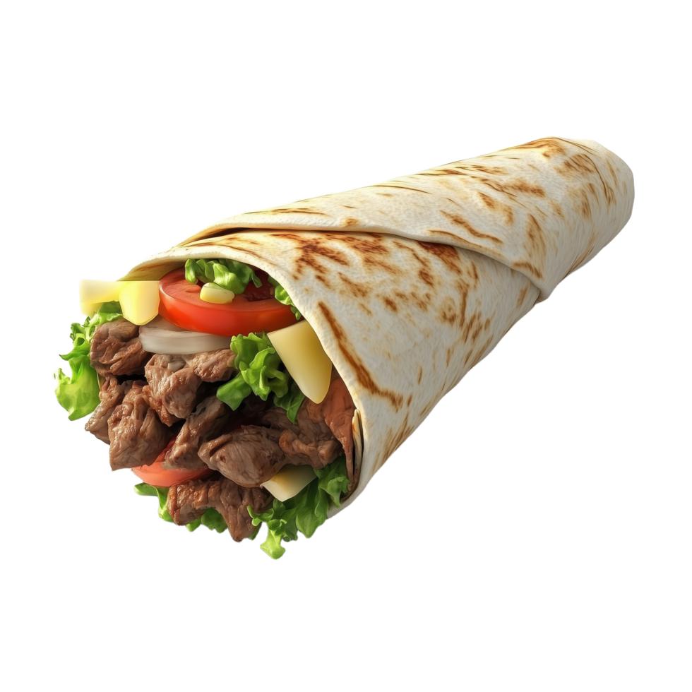 Delicious wrap filled with grilled meat lettuce tomato cheese and onion a flavorful combination in soft flatbread Ready to eat png