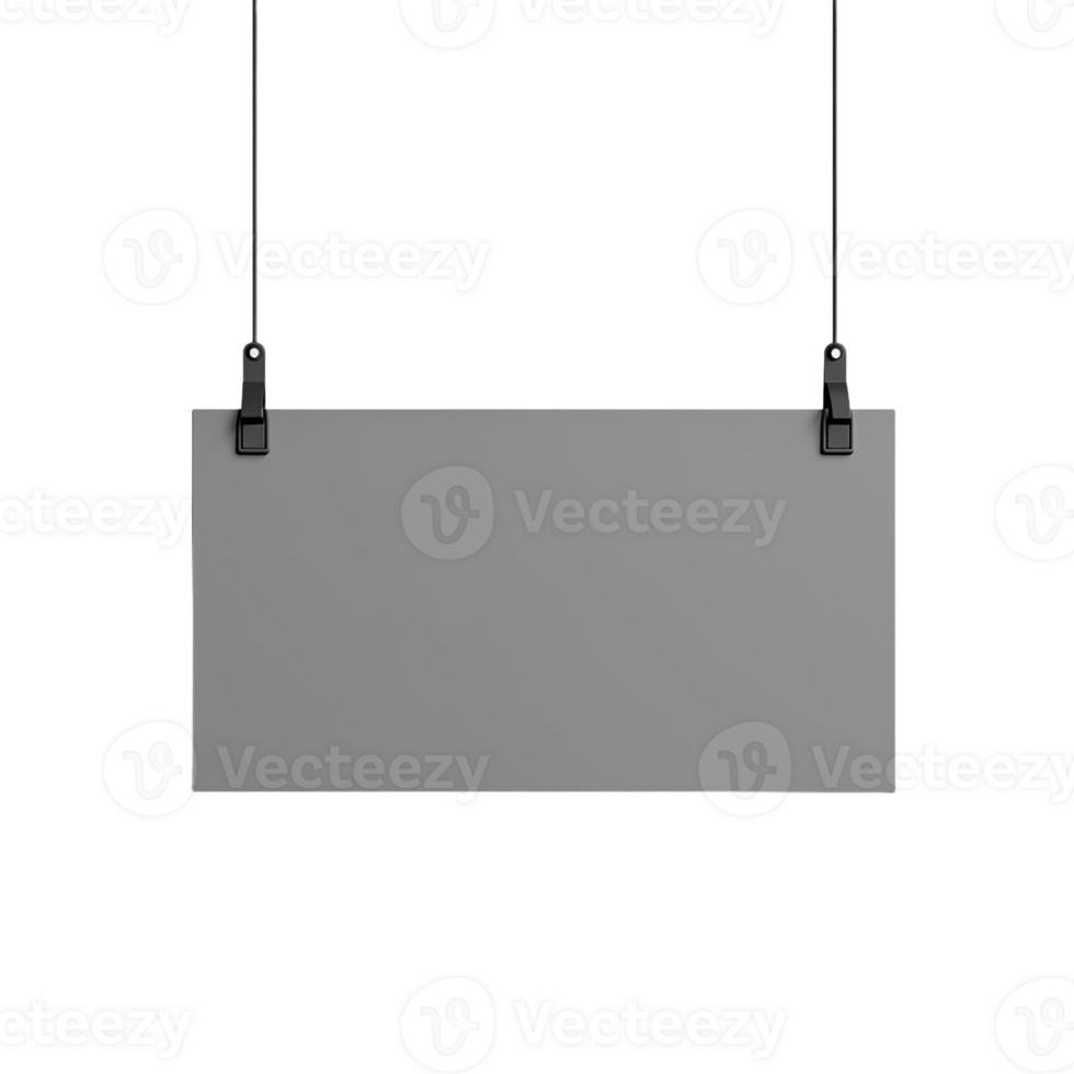 Hanging grey rectangle display with dark clips and thin strings Minimalist signage suitable for graphics or typography Isolated background png