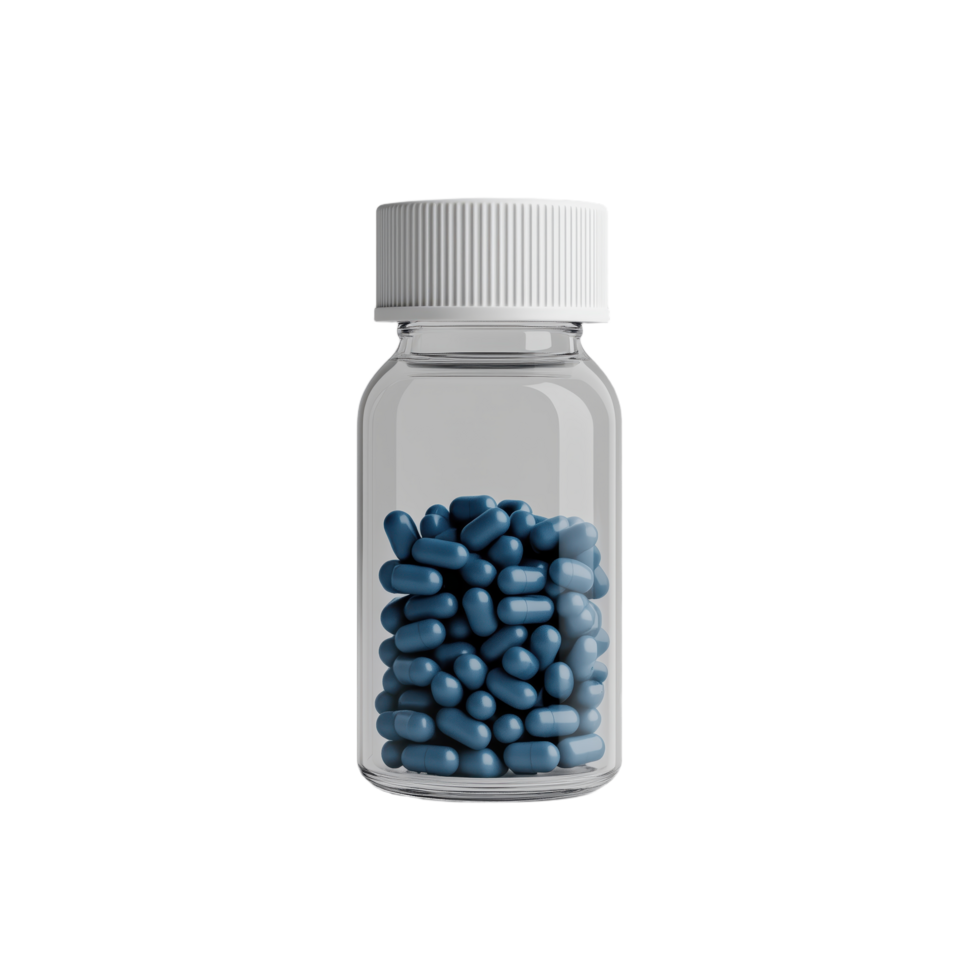Blue Pills in Clear Bottle - A transparent image featuring a filled bottle suitable for healthcare and medical illustrations png