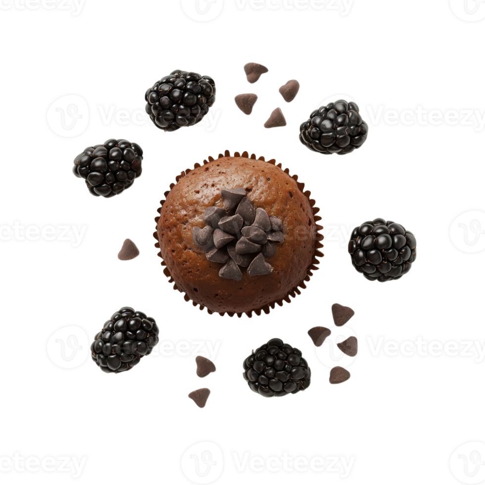 Delicious muffin decorated with chocolate chips surrounded by ripe blackberries against a clean transparent background Ready to enjoy png