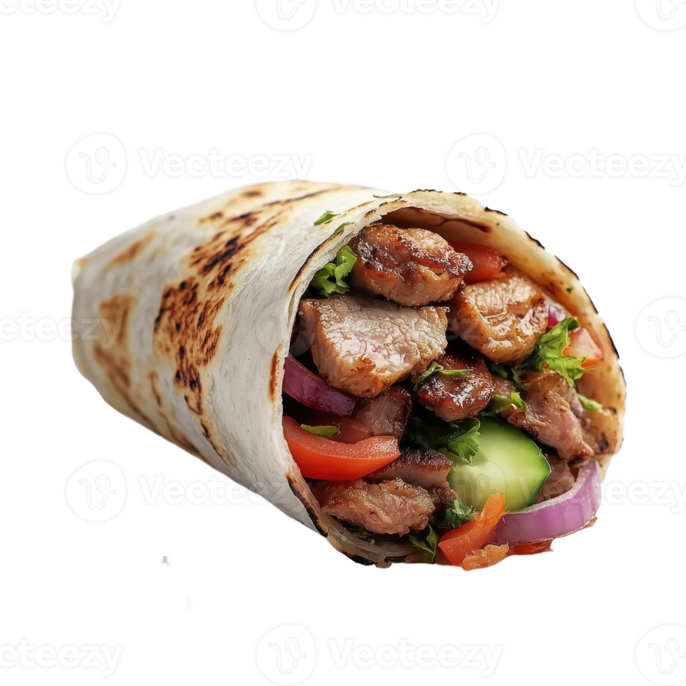 Delicious wrap filled with tender meat fresh vegetables and flavorful seasonings perfect for a quick and satisfying meal png