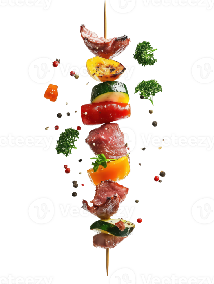 Elevated Kabob Grilled Meat Veggies Floating skewer with beef bell peppers zucchini and herbs against a Healthy eating png