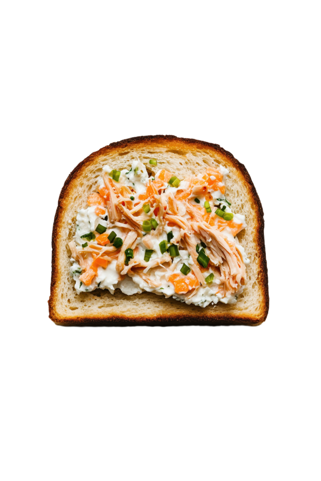 Open-faced sandwich with cream cheese shredded meat and chopped chives on toasted bread Savory and satisfying breakfast or lunch png