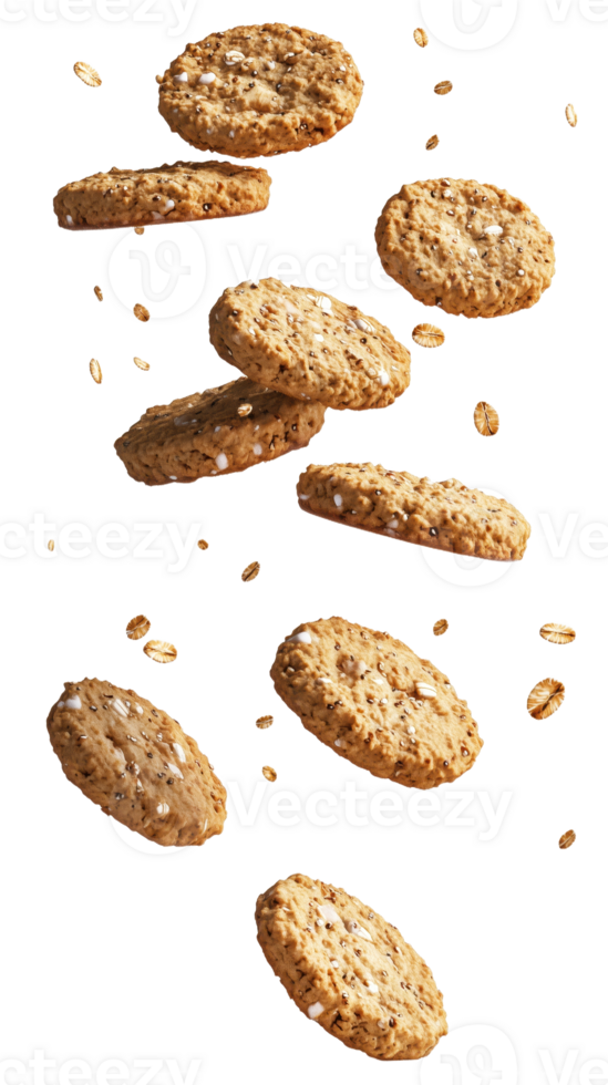 Elevated Treats Oatmeal Cookies in Mid-Air A Delicious Scene of Baking and Simple Pleasures Taste the Oat Joy png