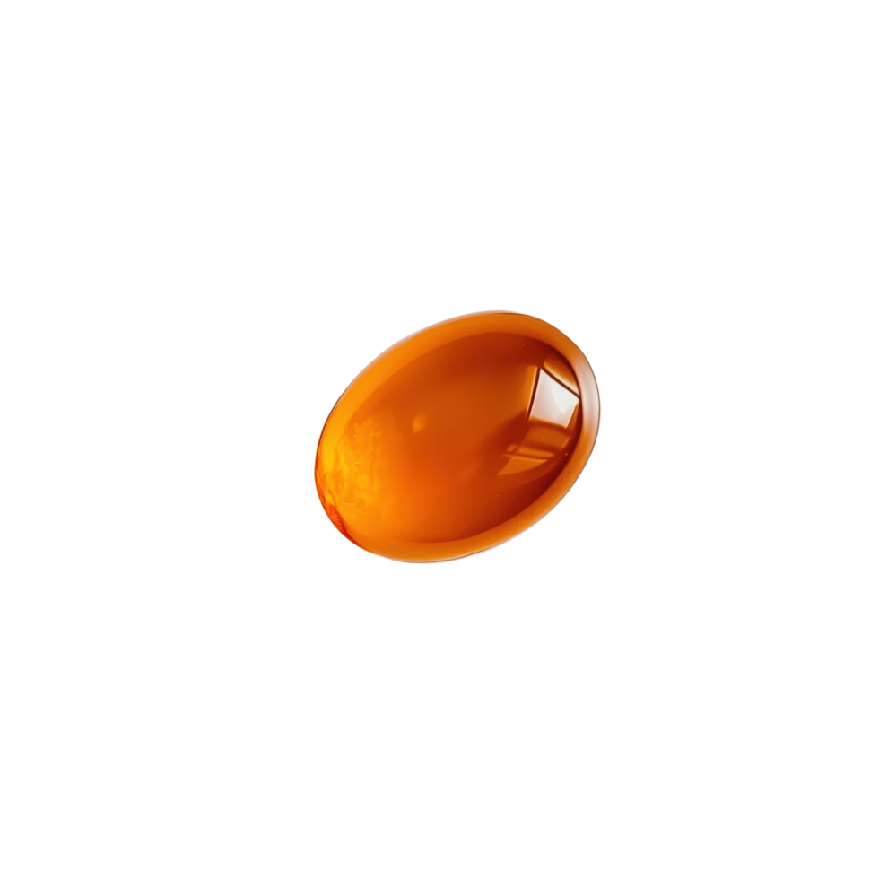 A single orange gel capsule sits on a stark its surface reflecting a sharp highlight indicative of a smooth glossy texture png