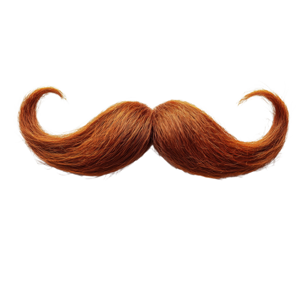 A vibrant auburn mustache artfully styled with prominent curls at the ends stands out against a stark png