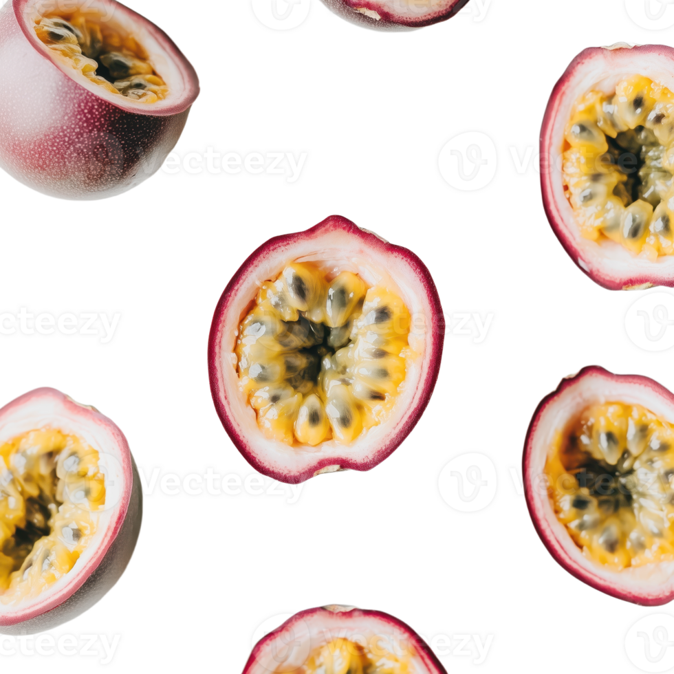 Seamless pattern featuring halved passion fruits with visible seeds and a dark background The fruit's vibrant colors pop against the backdrop png