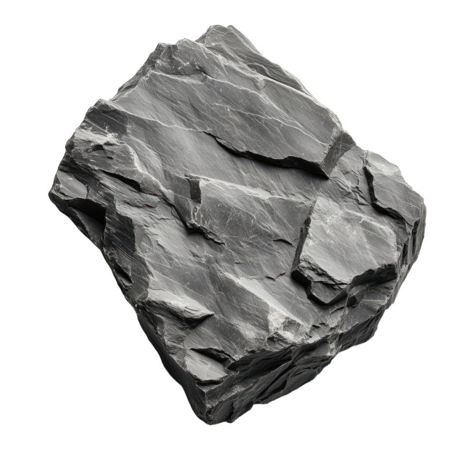 A gray rock with a layered texture isolated on a transparent background The rock has sharp edges and a rugged natural appearance png