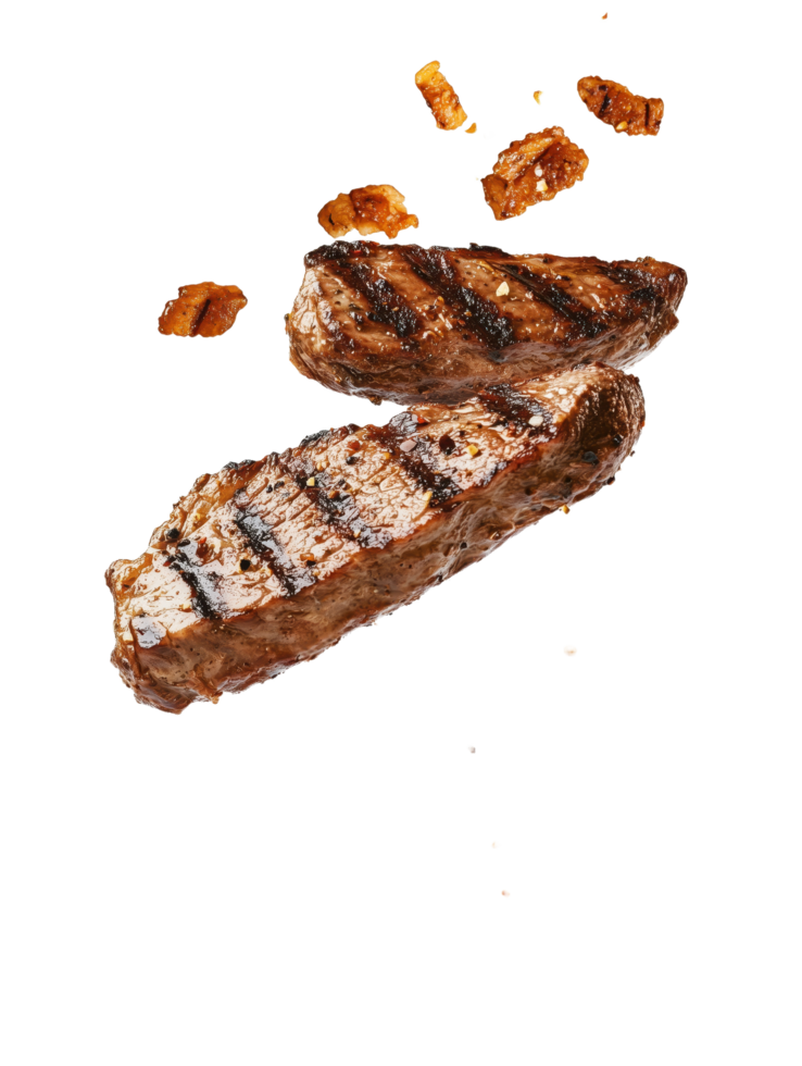 Delicious grilled steak with appetizing grill marks levitates against a stark background highlighting the juicy cut of meat png