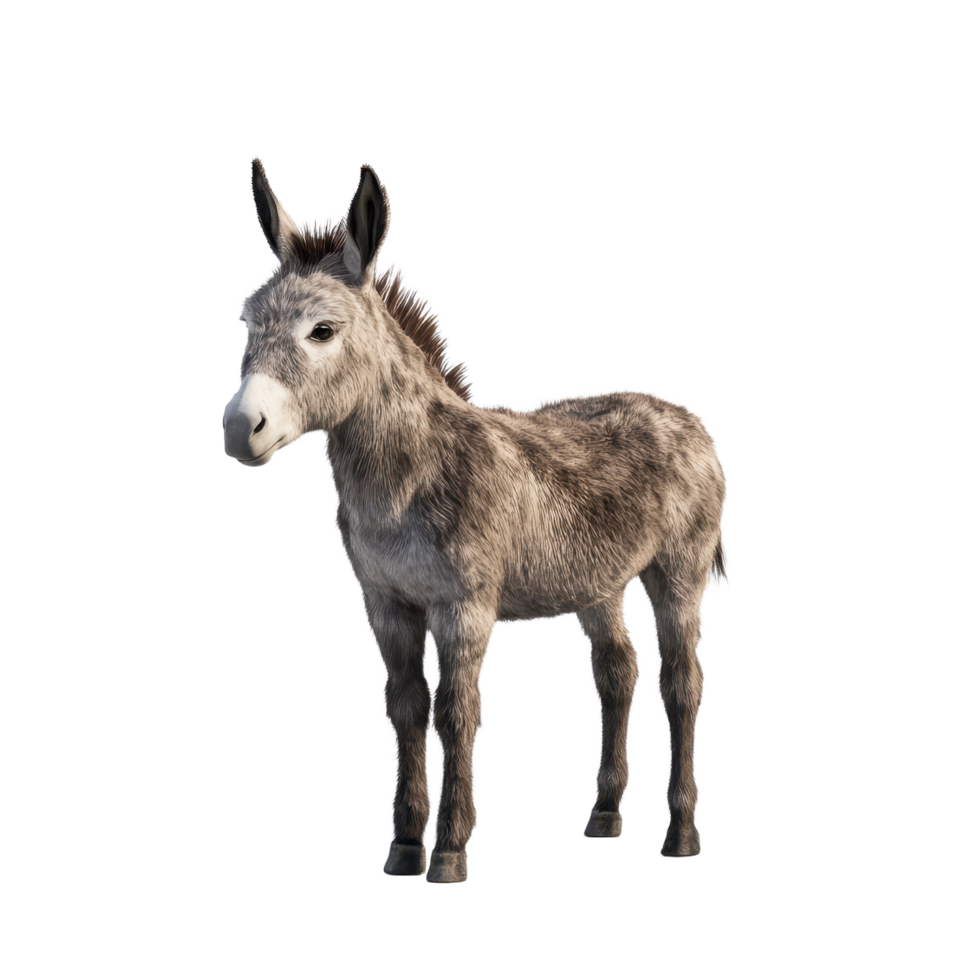 Full body shot of a grey donkey with a snout and a short mane standing in a plain field Isolated on transparent background png