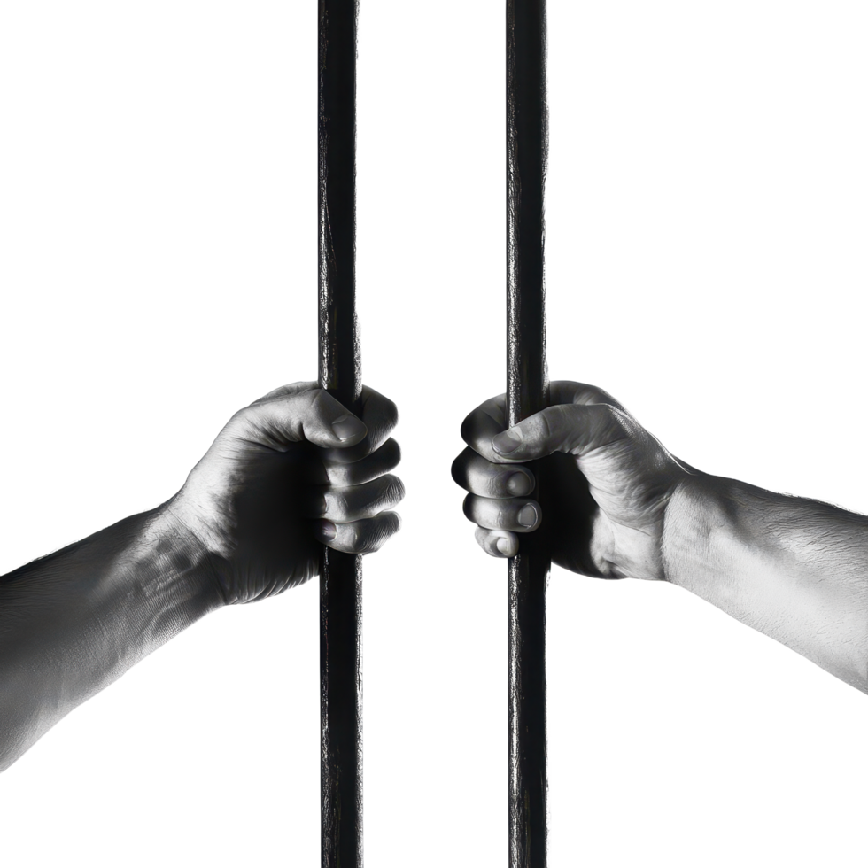 Hands gripping prison bars a stark image of confinement against a void The monochrome tones emphasize despair and the fight for freedom png