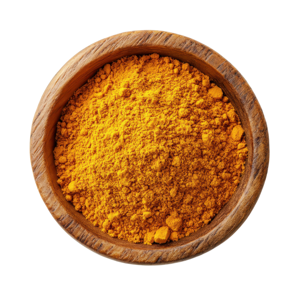 Turmeric powder in a wooden bowl The vibrant yellow spice is ready to add flavor and color to your culinary creations png