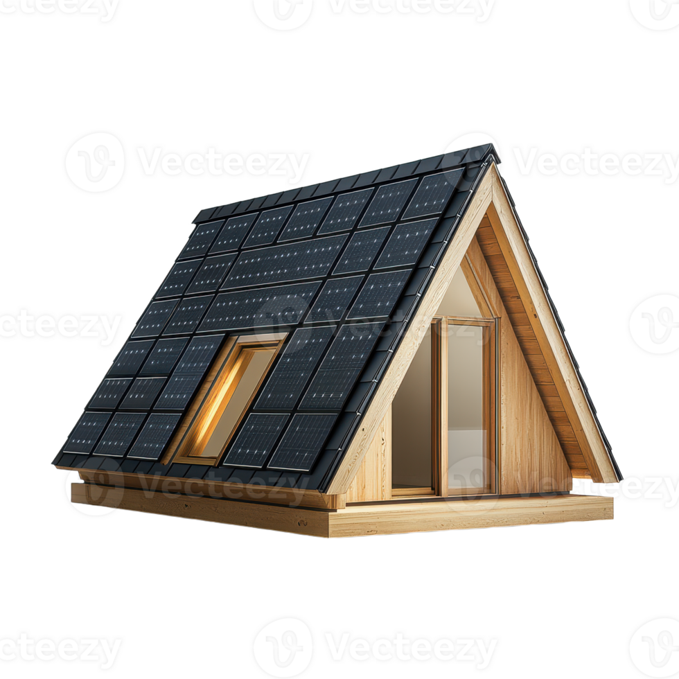A-frame structure featuring solar panels on the roof promoting sustainable energy with natural light through a window and inviting doorway png