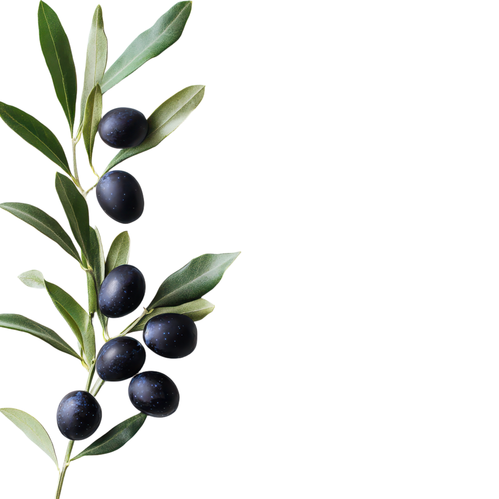 Branch with ripe dark olives hanging amongst green leaves on a transparent background The olives look fresh and are ready to eat png