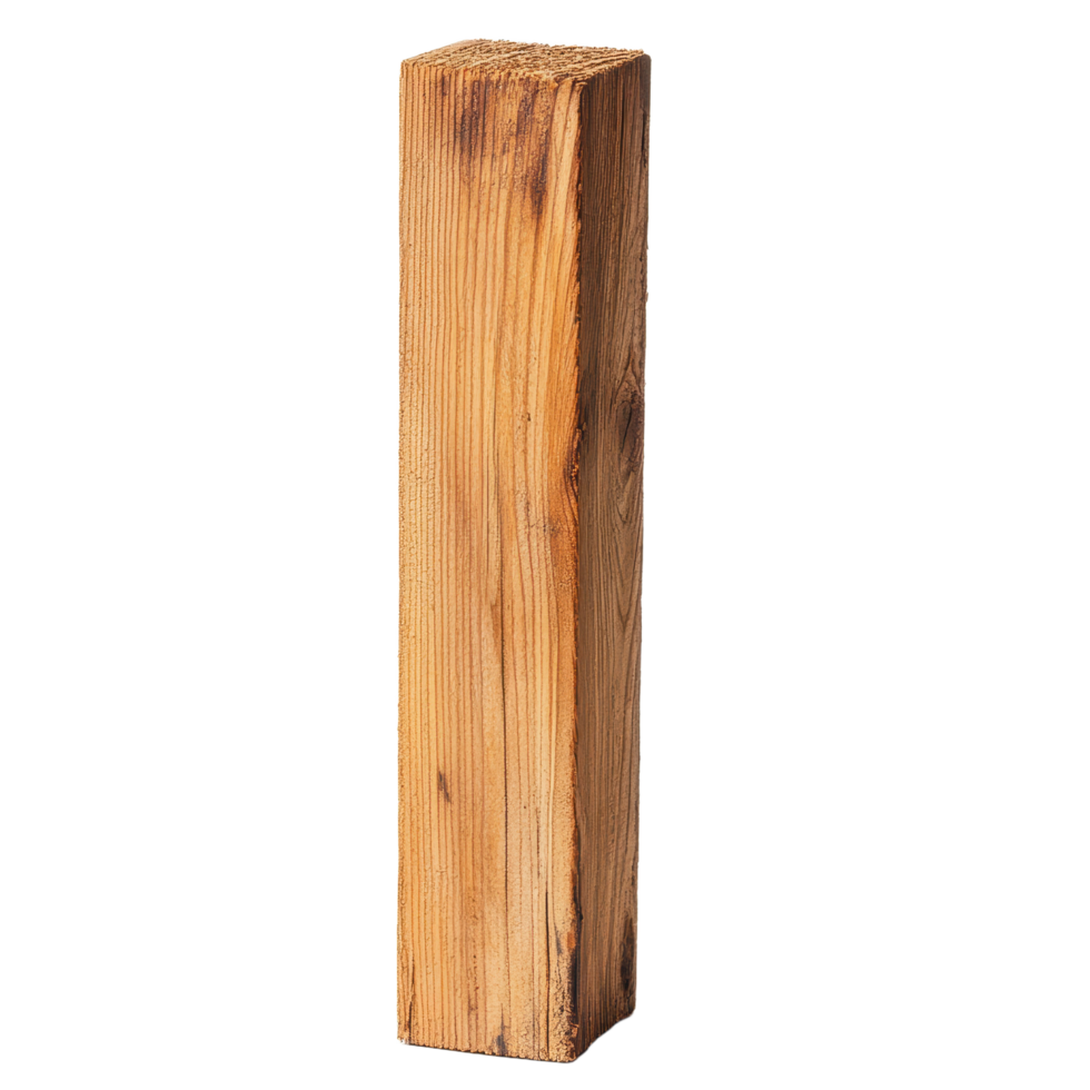 Isolated wooden beam Straight rectangular lumber with wood grain Architectural element Neutral setting Warm color pallet png