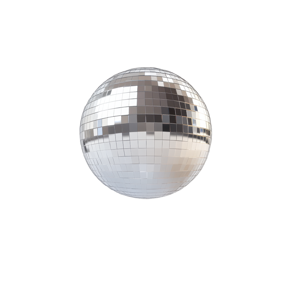 A reflective disco ball shines brightly its mirrored tiles catching the light casting a luminous glow against a stark backdrop png