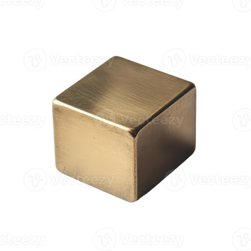 Metallic Cube A solitary geometric form with a warm brushed metallic texture against a stark contrasting background png