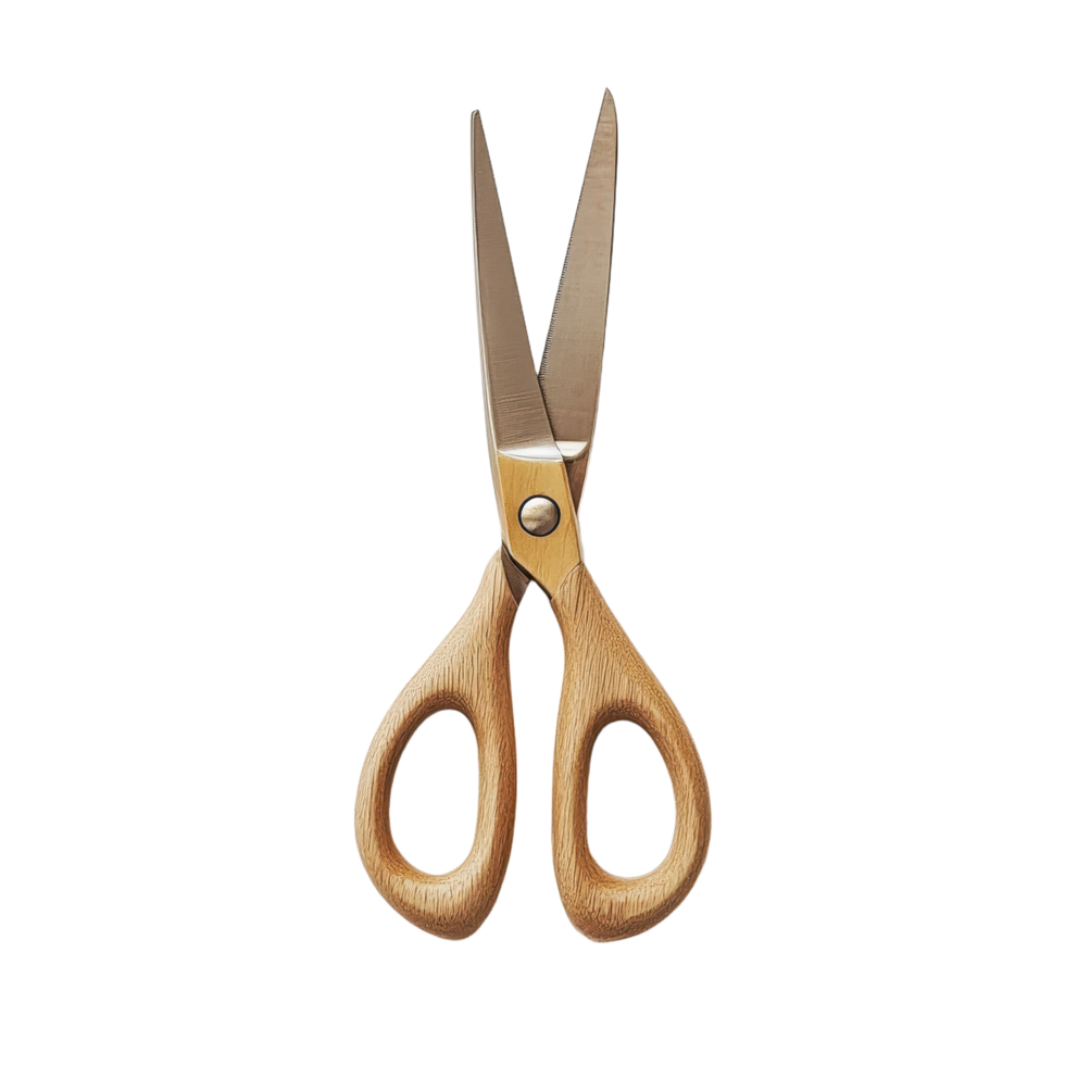 Open scissors with wooden handles on a transparent background perfect for crafts sewing or office supply design needs DIY material minimalist style png