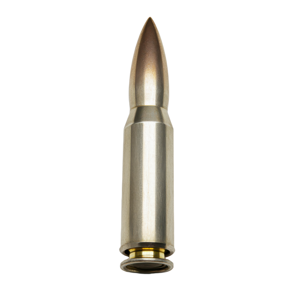 Single bullet ammunition on a transparent background showcasing the cartridge's design and metallic components png