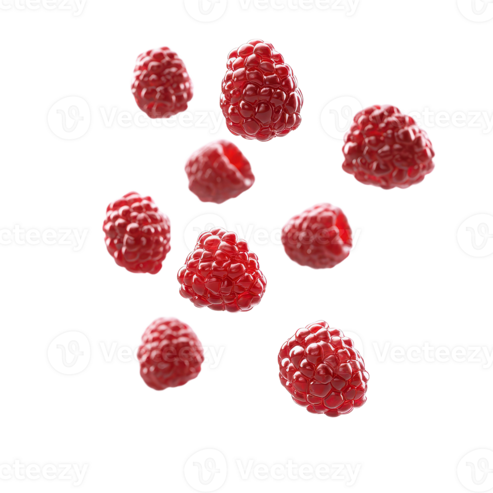 Scattered Raspberries A vibrant cluster of fresh red raspberries isolated against a stark Fresh and juicy raspberries png