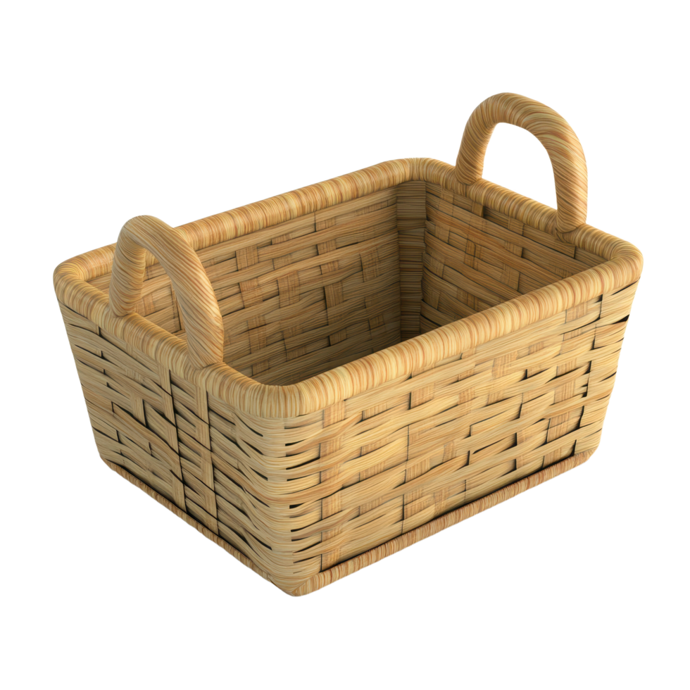 Wicker basket crafted from woven natural fibers showcasing a rustic charm with dual handles and a rectangular form ideal for storage png
