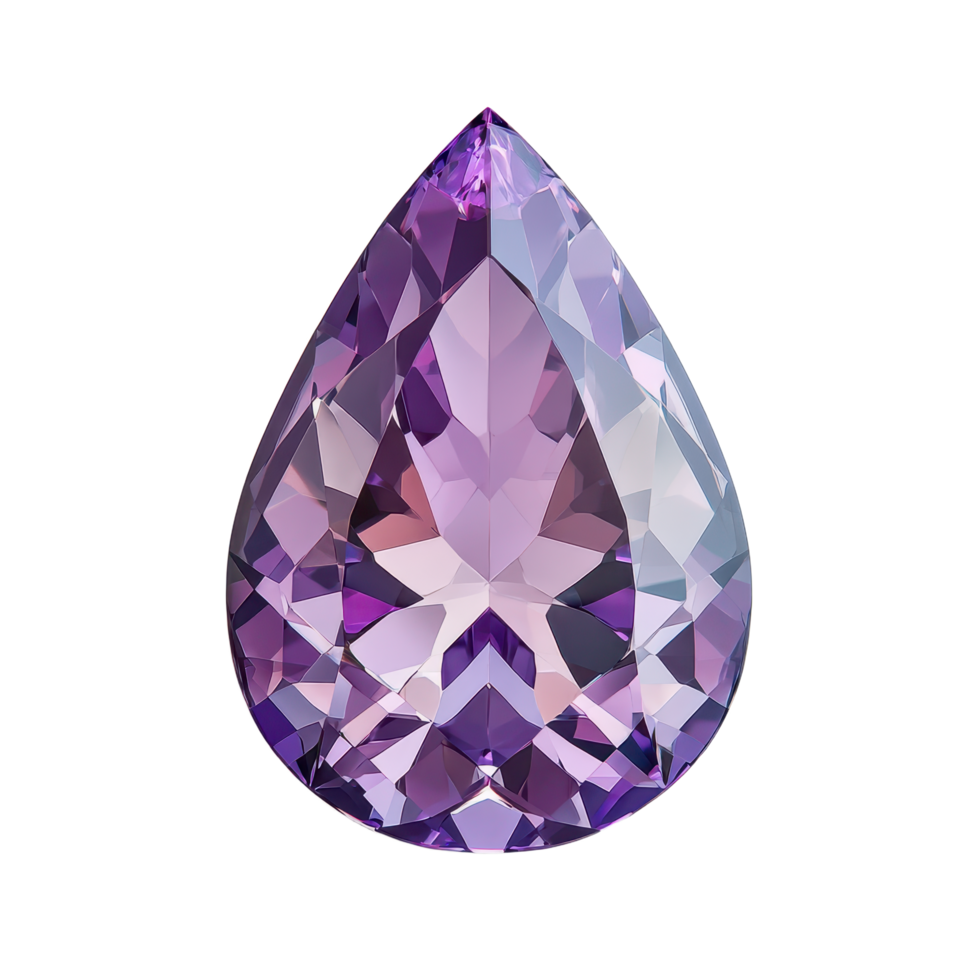 A stunning teardrop-shaped gem shines with its multiple facets displaying a captivating array of purple and lavender hues on a png