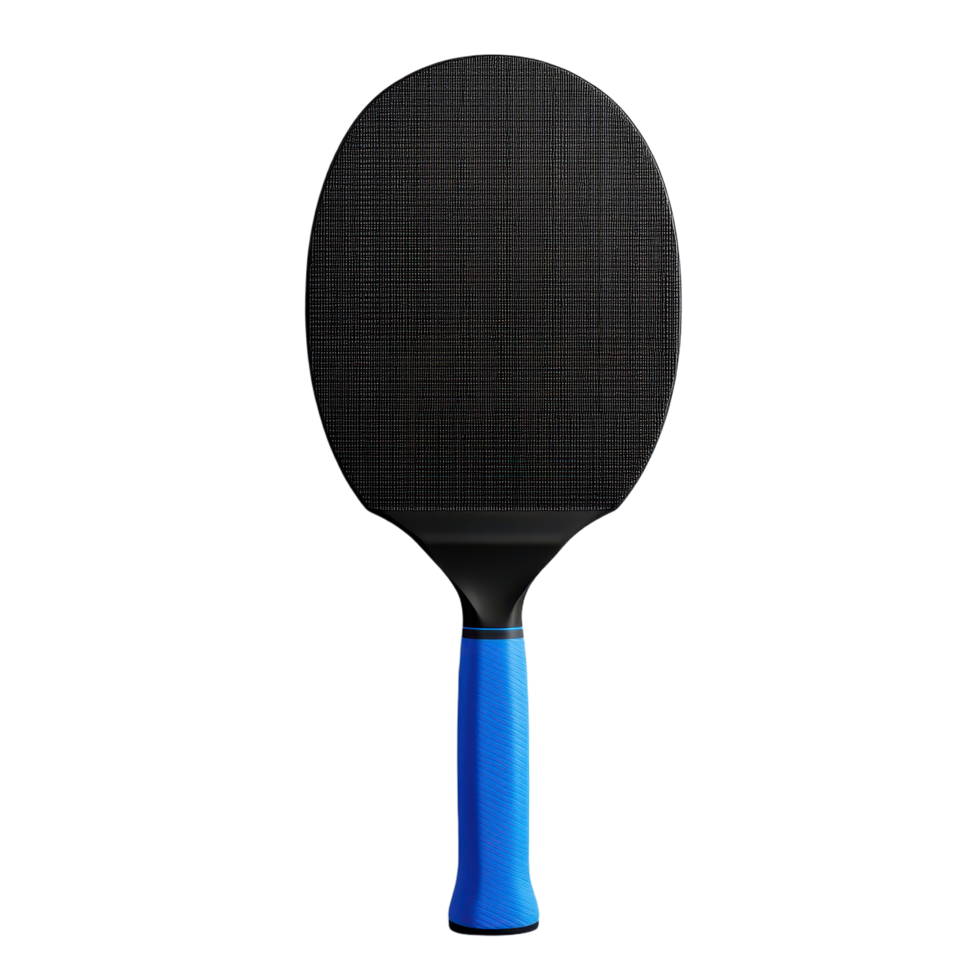 Close-up of a sleek ping pong paddle with a surface and a blue handle isolated against a dark background Ideal for table tennis png