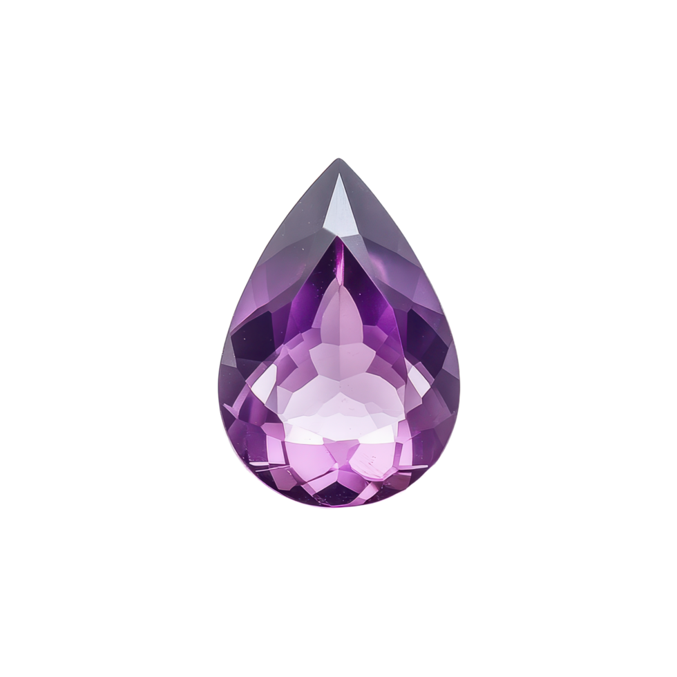 A faceted teardrop-shaped purple gemstone shimmers against a stark highlighting its intricate cuts and vibrant color png