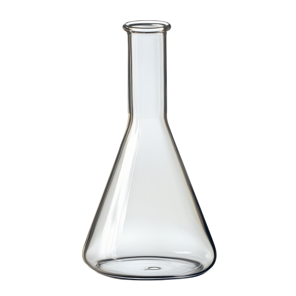 A transparent empty Erlenmeyer flask isolated on a transparent background commonly used in science experiments and laboratory settings png