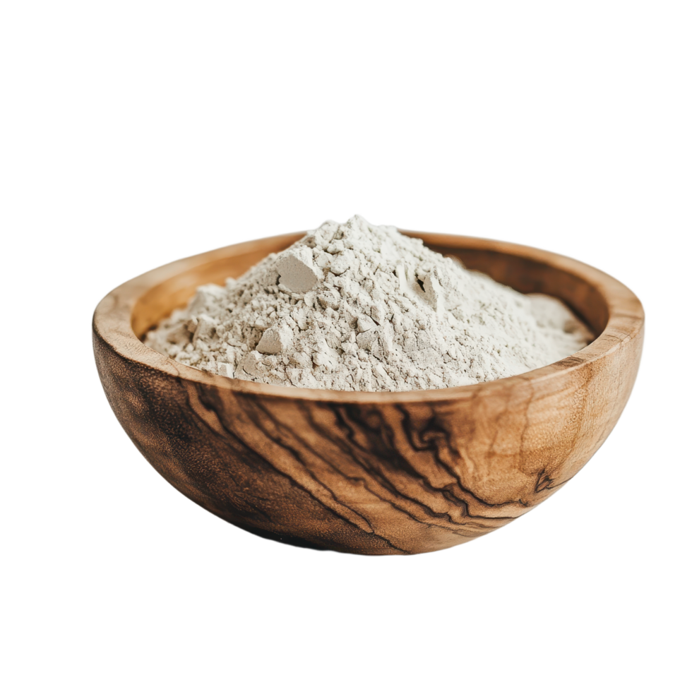 Wooden bowl filled with a heap of light-colored fine powder against a transparent backdrop Minimalist composition ideal for various applications png