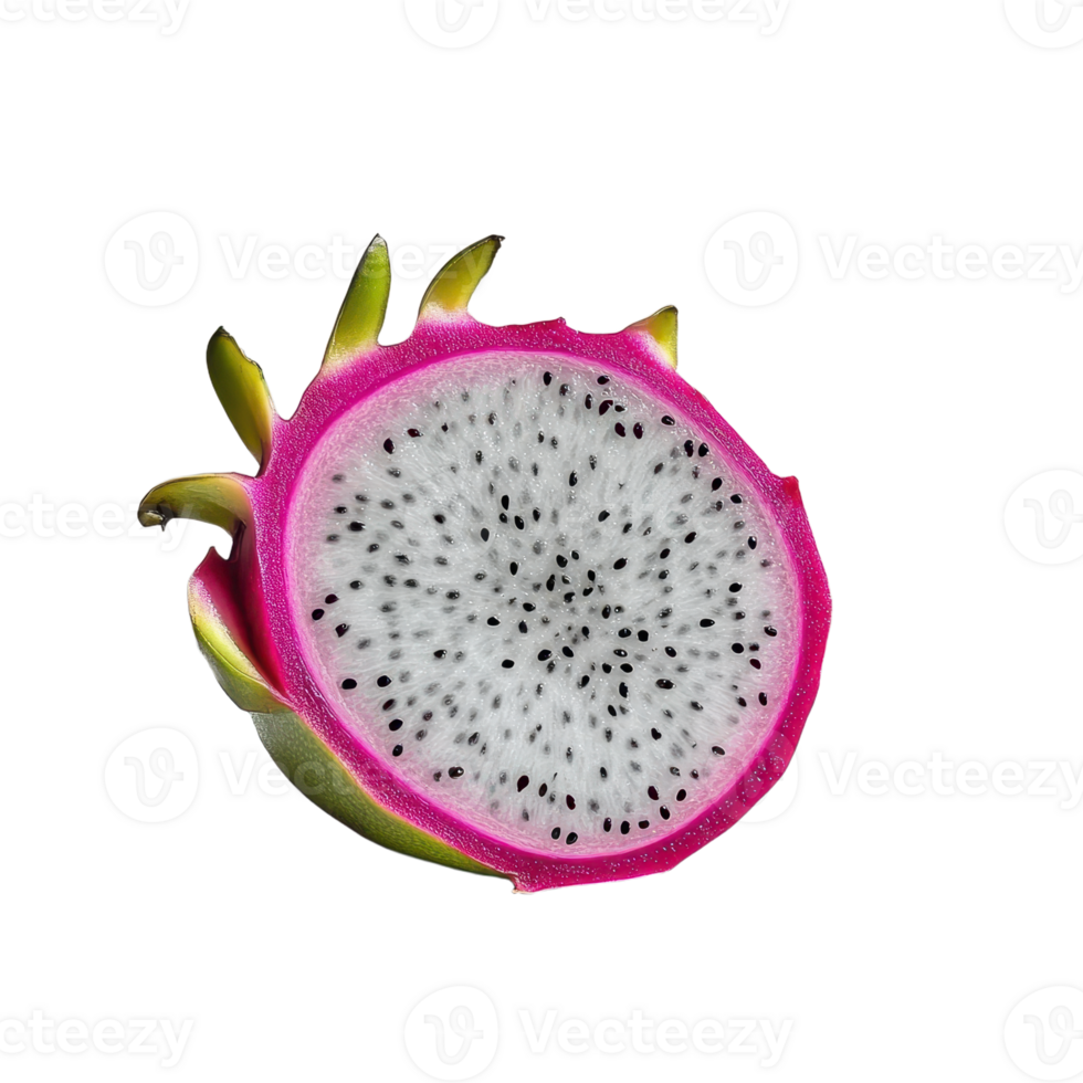 Vibrant dragon fruit slice showcasing its unique texture seeds and vivid colors against a transparent backdrop Exotic fruit still life png