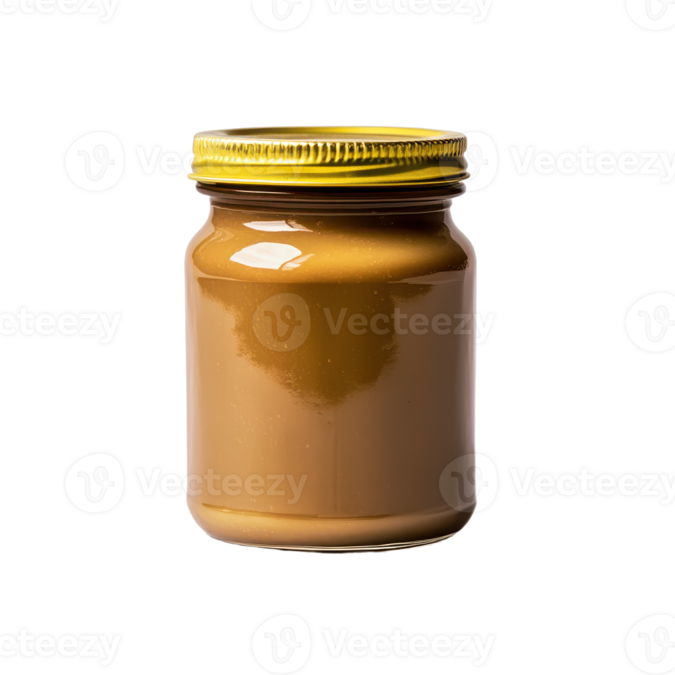 Jar of creamy spreadable food showcasing a smooth texture and appetizing look against a clean background Gold lid adds sophistication png