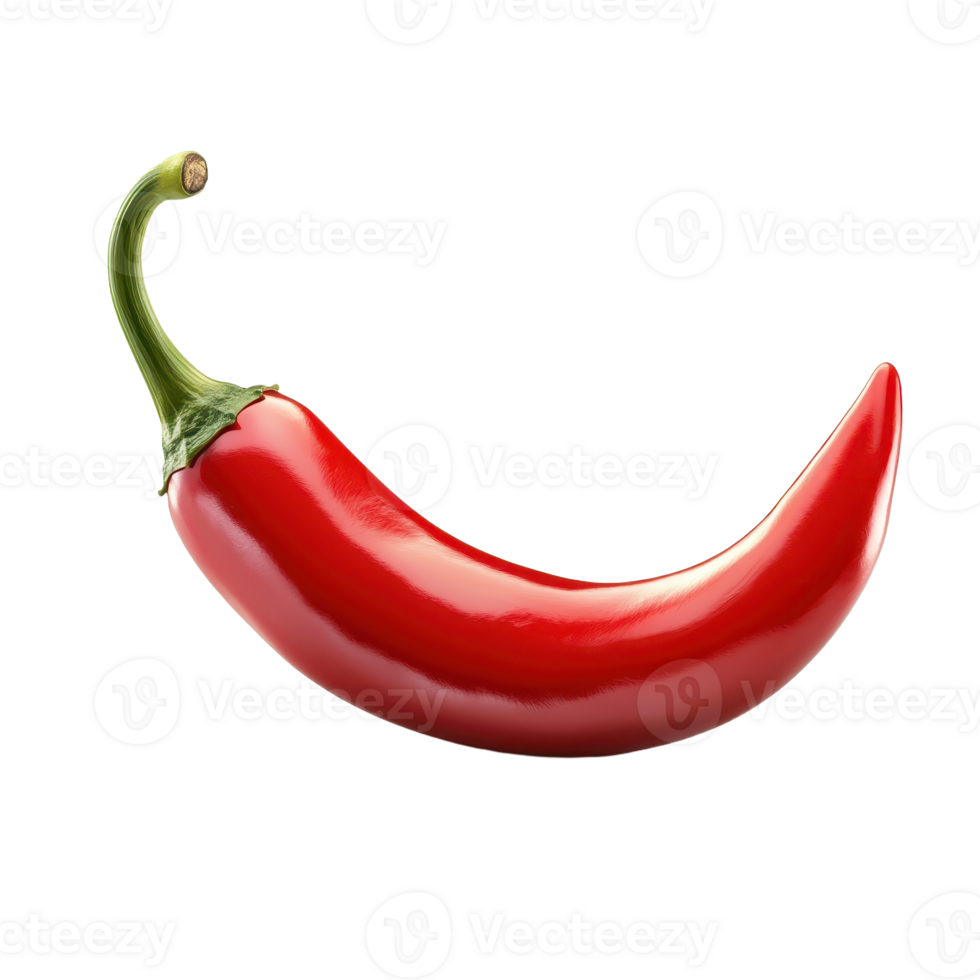 A vibrant red chili pepper with a smooth glossy surface and a gently curving shape isolated against a transparent backdrop png