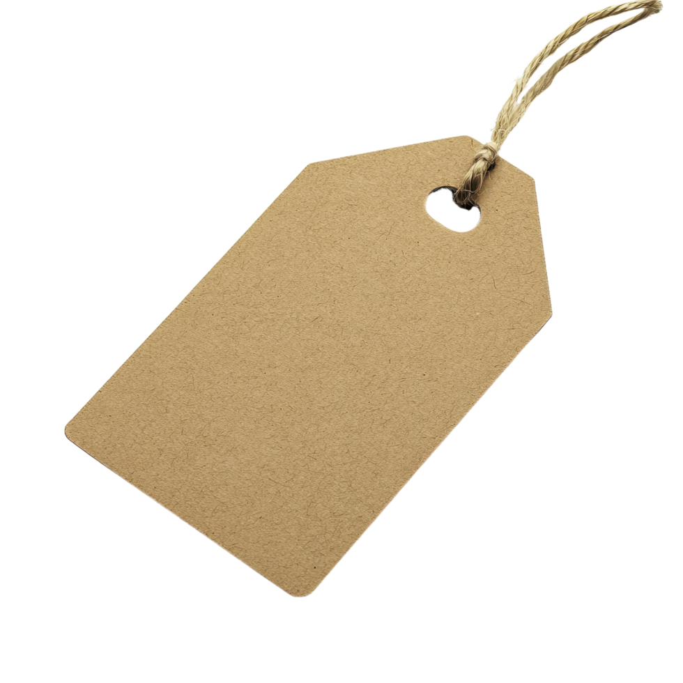 Blank kraft paper tag with twine Ideal for labeling gifts products or adding a rustic touch Isolated against a transparent background png
